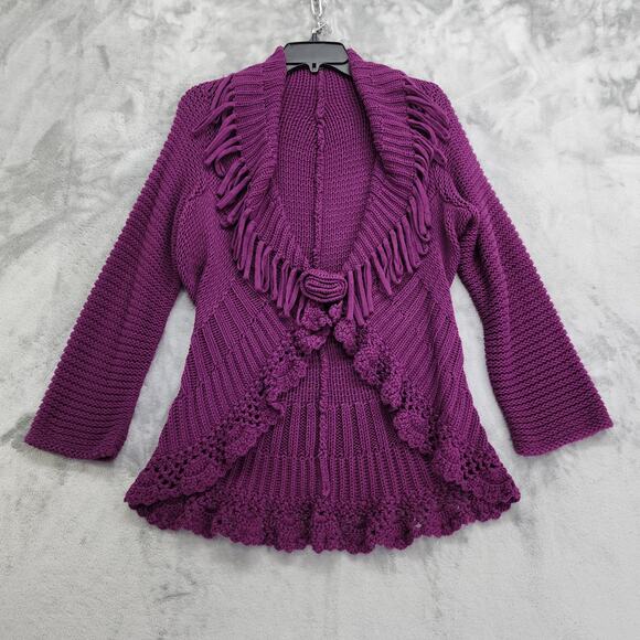 citikn Sweaters - Effortless Style by Citiknits Sweater Womens L Purple Chunky Knit Fringe Trimmed